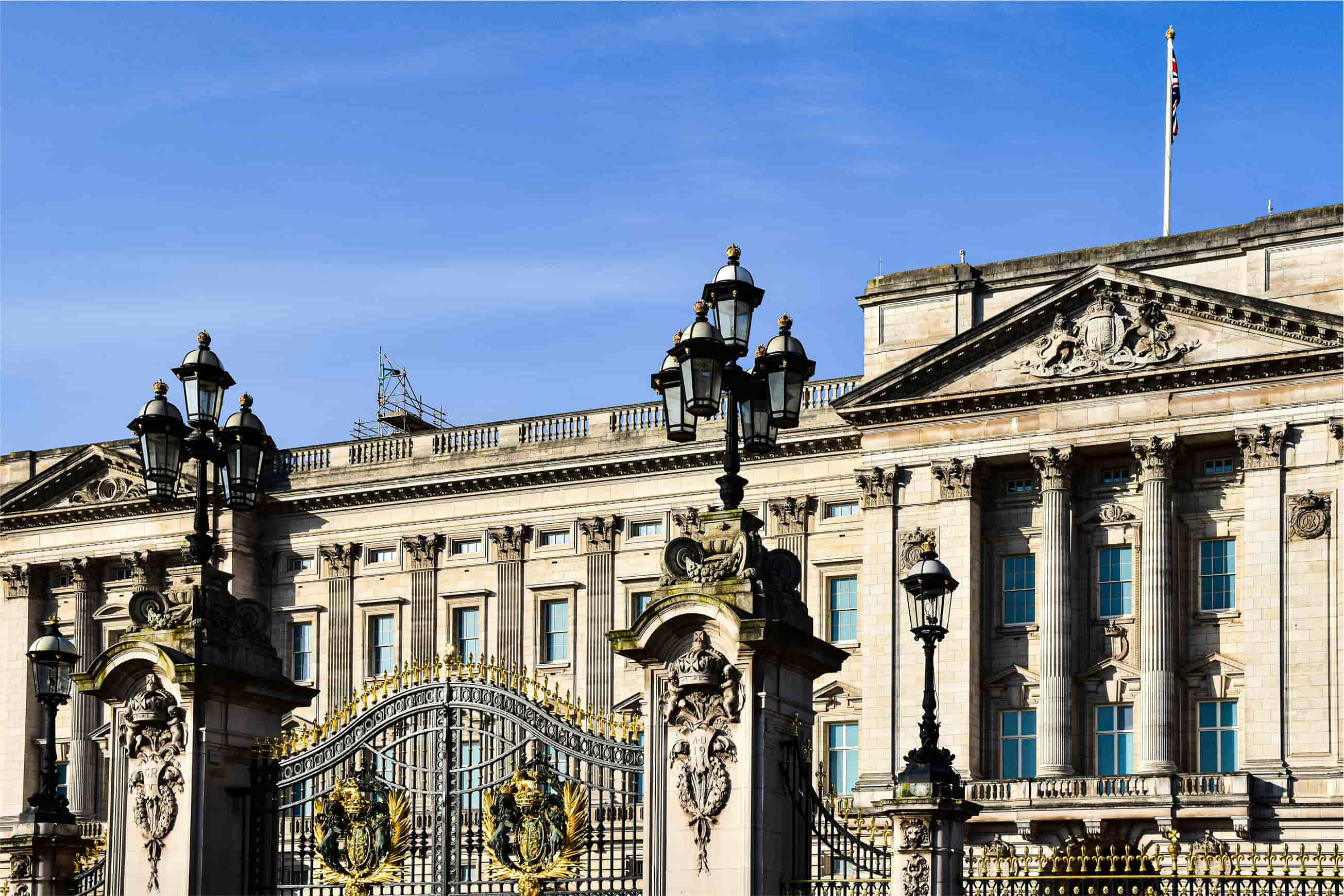 Buckingham Palace frontal view with gates