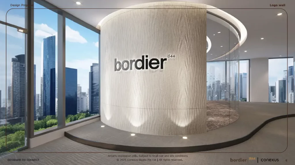 Office interior with Bordier logo wall.