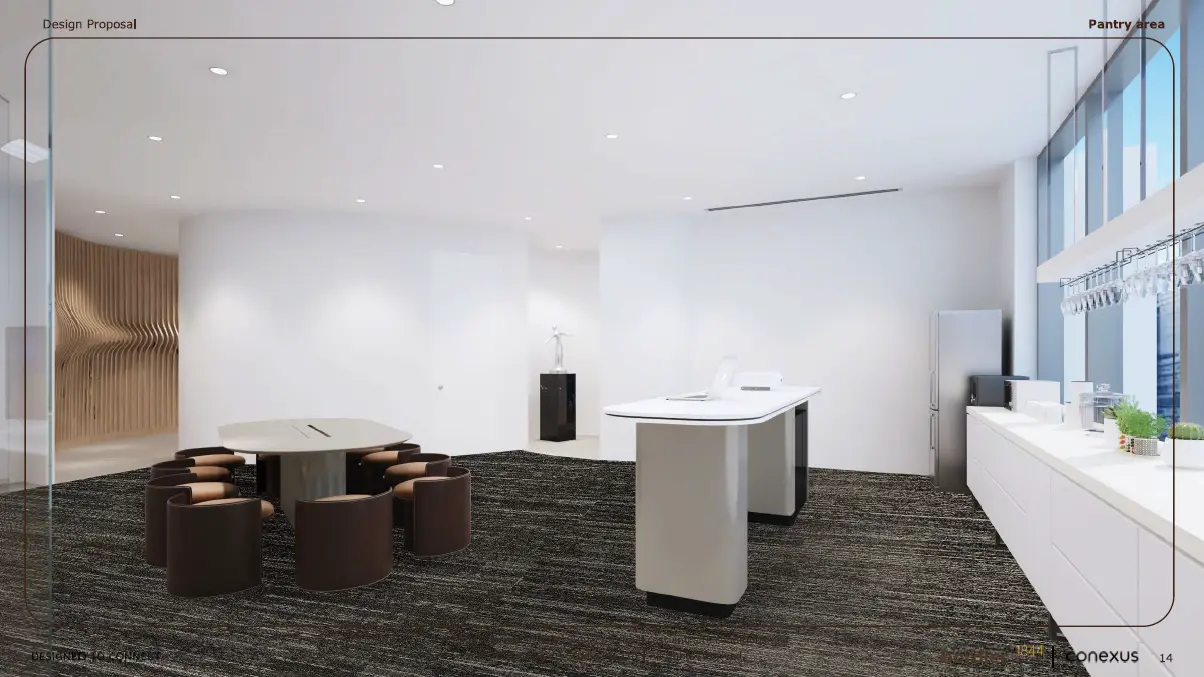 Modern office pantry with table and chairs.