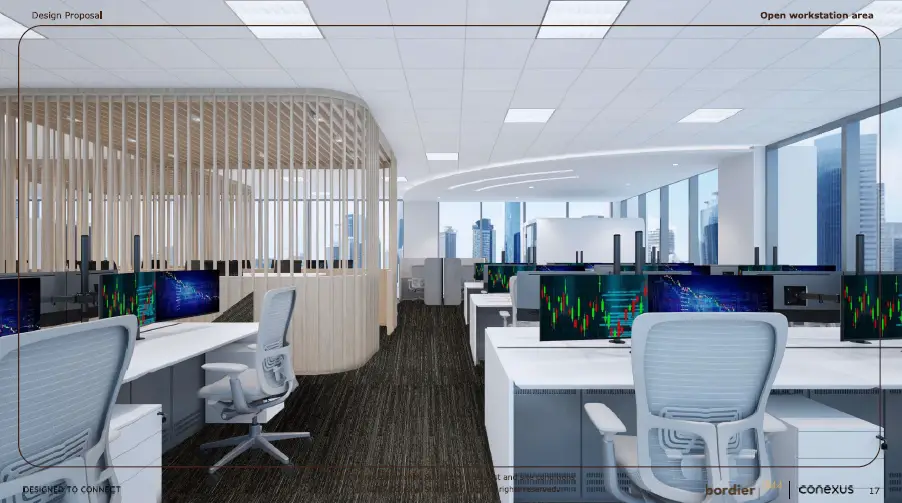 Modern open office with workstations and city view.