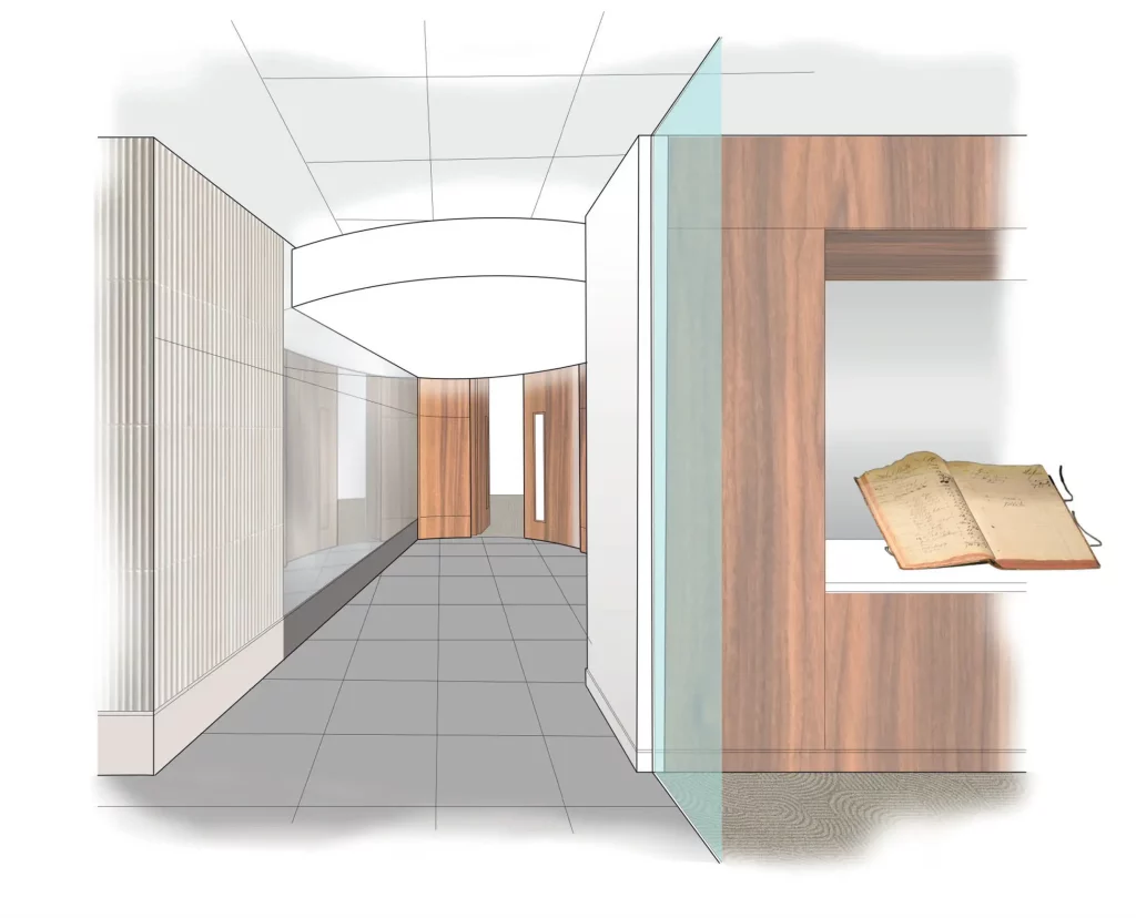 Modern hallway with wooden accents and open book