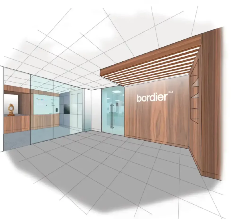 Modern office lobby with wooden accents and glass walls.