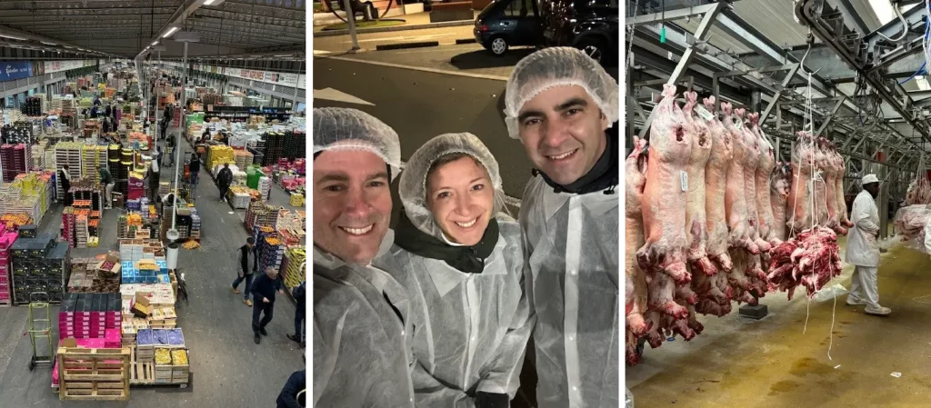 Market, people in protective gear, meat processing plant.