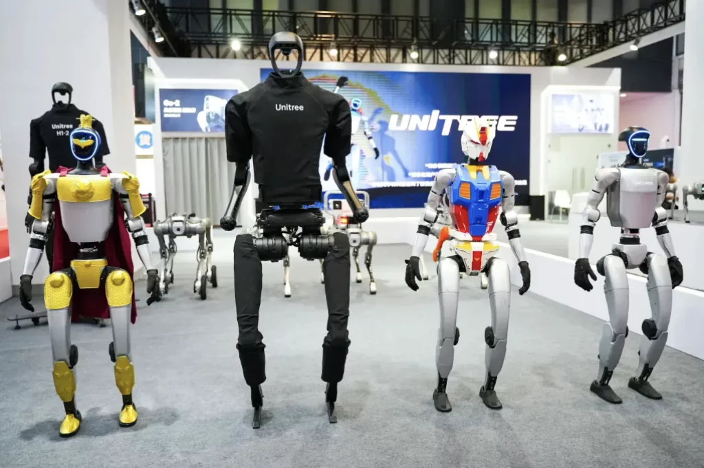 Group of humanoid robots at tech exhibition