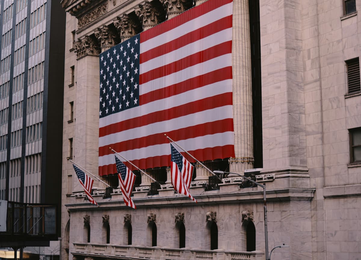 American flags displayed on building exterior
