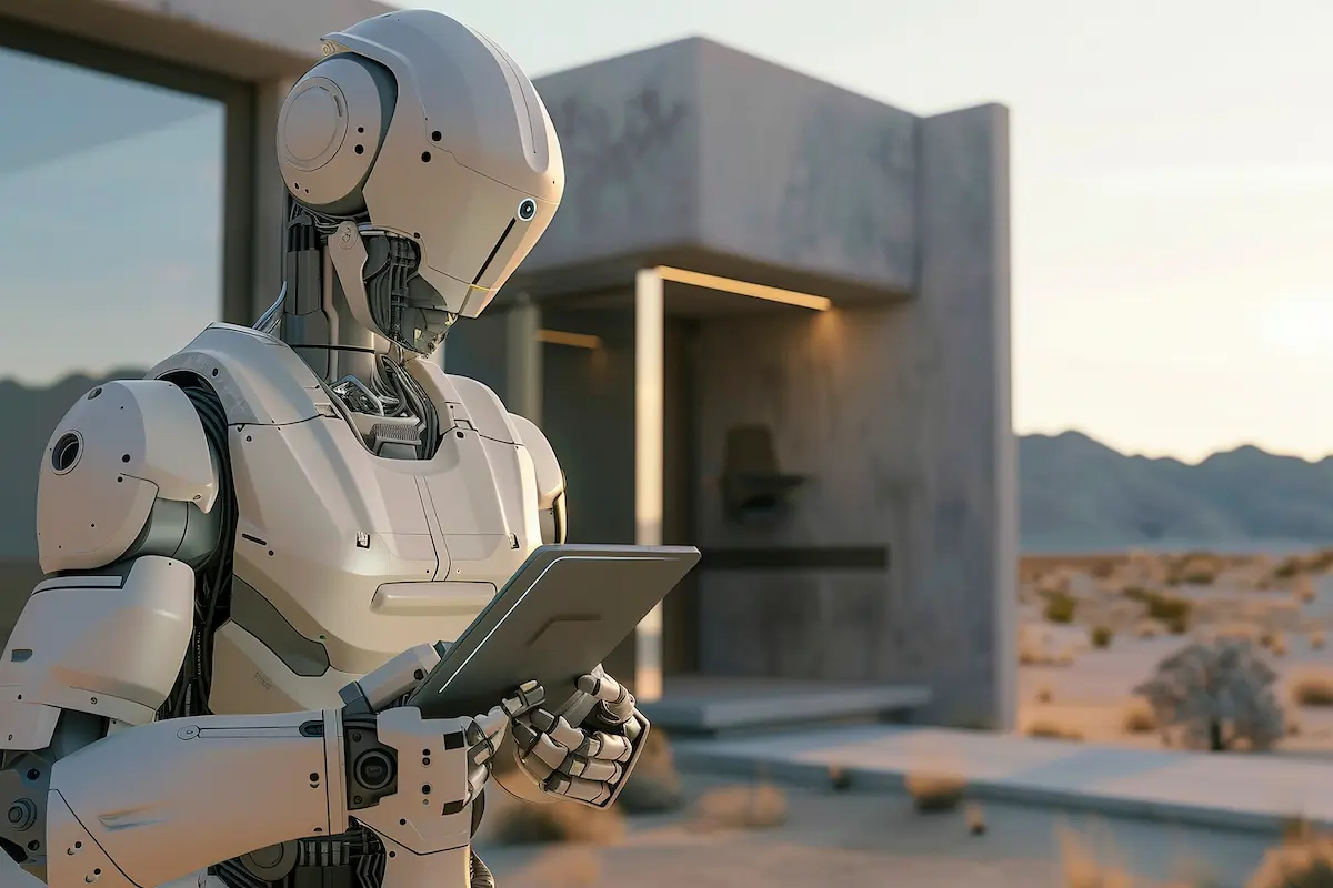 Robot holding tablet in desert setting