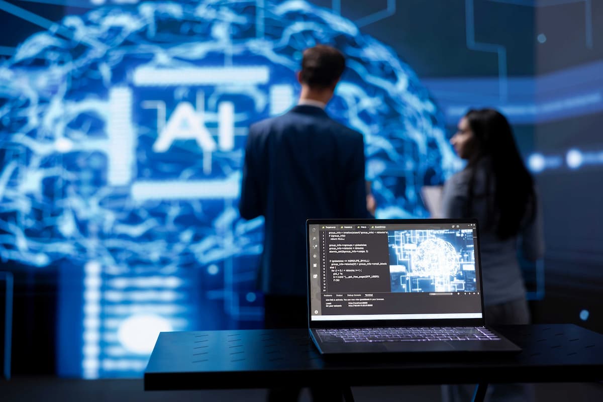 AI presentation with laptop coding display.