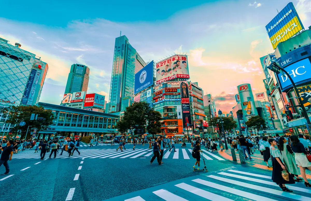 Crowded Shibuya Crossing in Tokyo, vibrant cityscape