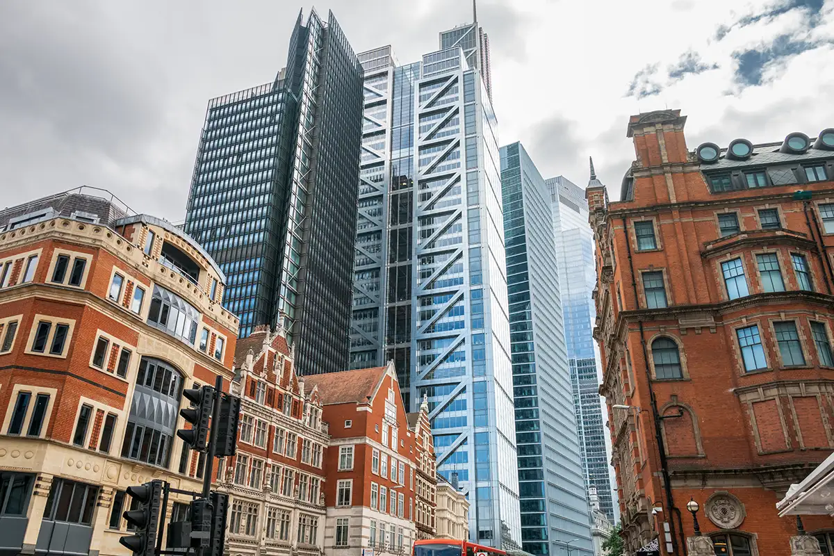 Modern skyscrapers and historic buildings in London
