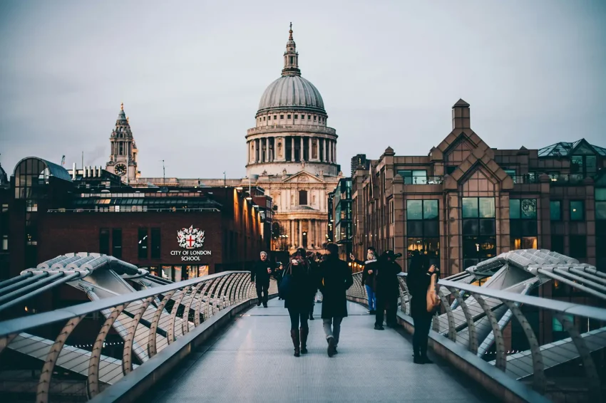 People walking on Millennium Bridge, London skyline
